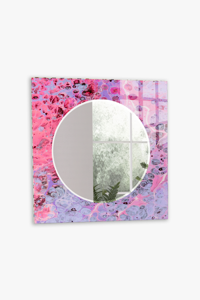 HEM TABLO HEM AYNA PEMBE MOR AKRİLİK SOYUT SANAT DESEN CAM DUVAR AYNASI EV DEKORU