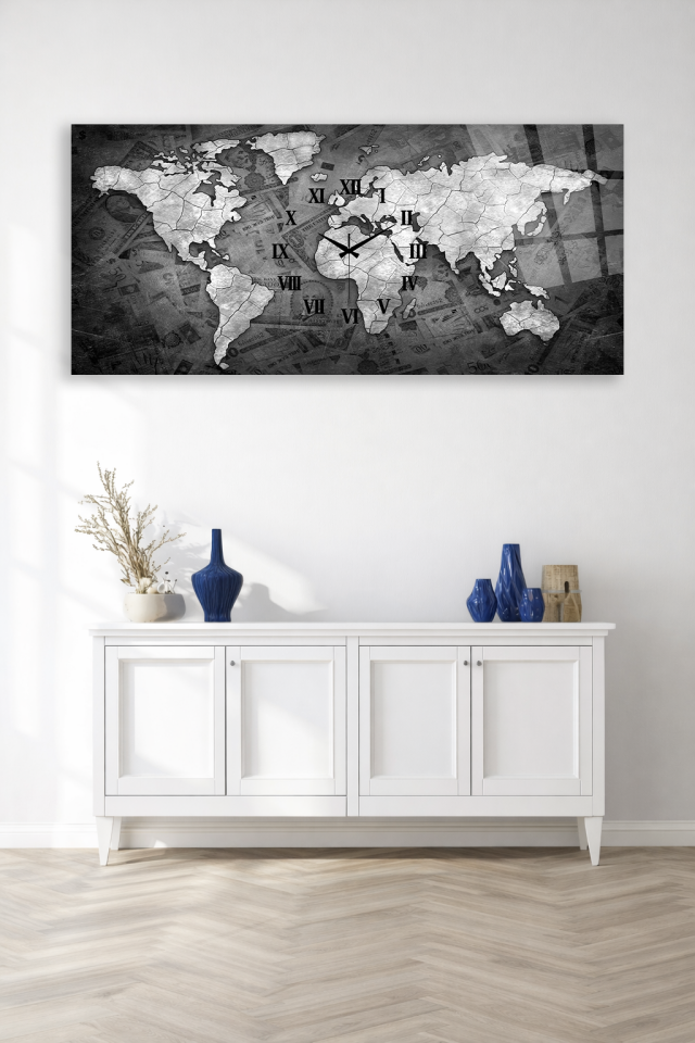 KIRILMAZ CAM DUVAR SAATİ , HEM TABLO HEM SAAT SİYAH BEYAZ DÜNYA HARİTASI EV OFİS HEDİYESİ