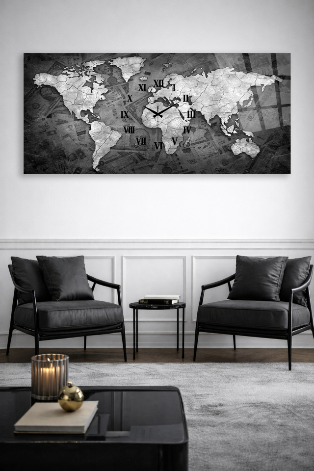 KIRILMAZ CAM DUVAR SAATİ , HEM TABLO HEM SAAT SİYAH BEYAZ DÜNYA HARİTASI EV OFİS HEDİYESİ