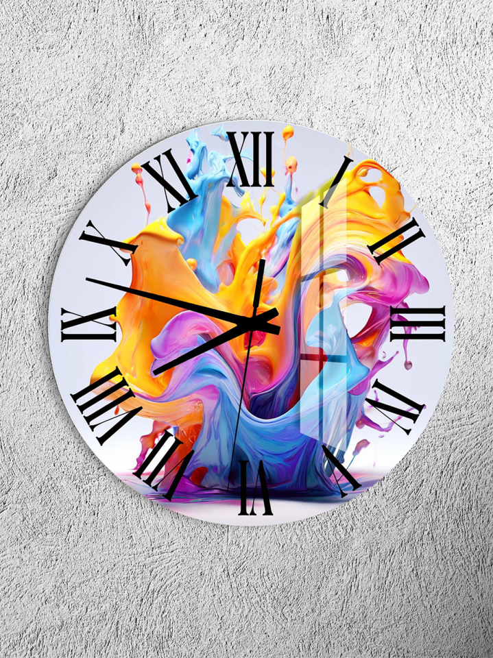 KIRILMAZ CAM DUVAR SAATİ, HEM TABLO HEM SAAT SOYUT RENKLİ AKIŞ SANAT TASARIM EV OFİS HEDİYESİ