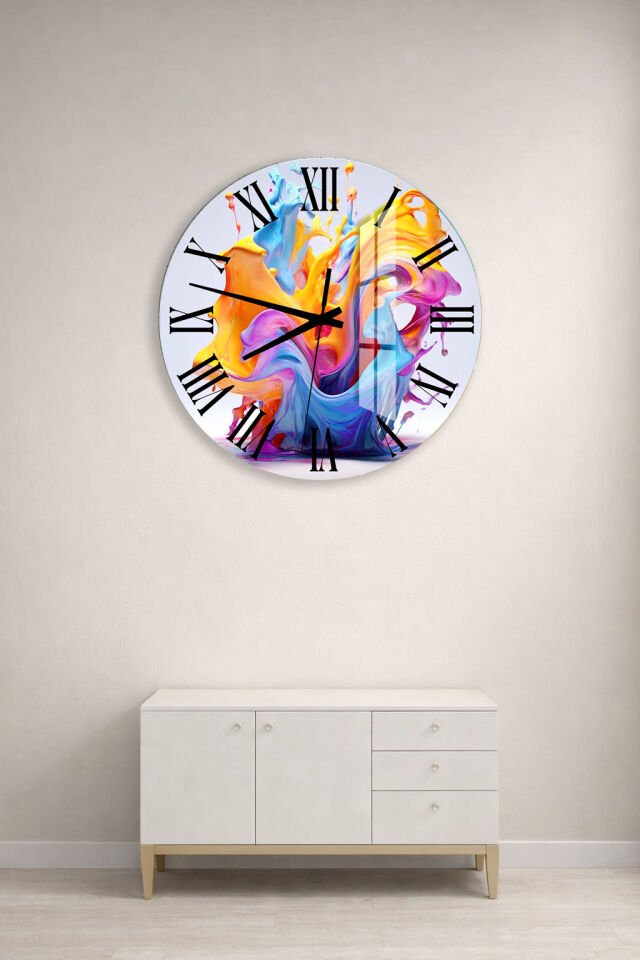KIRILMAZ CAM DUVAR SAATİ, HEM TABLO HEM SAAT SOYUT RENKLİ AKIŞ SANAT TASARIM EV OFİS HEDİYESİ