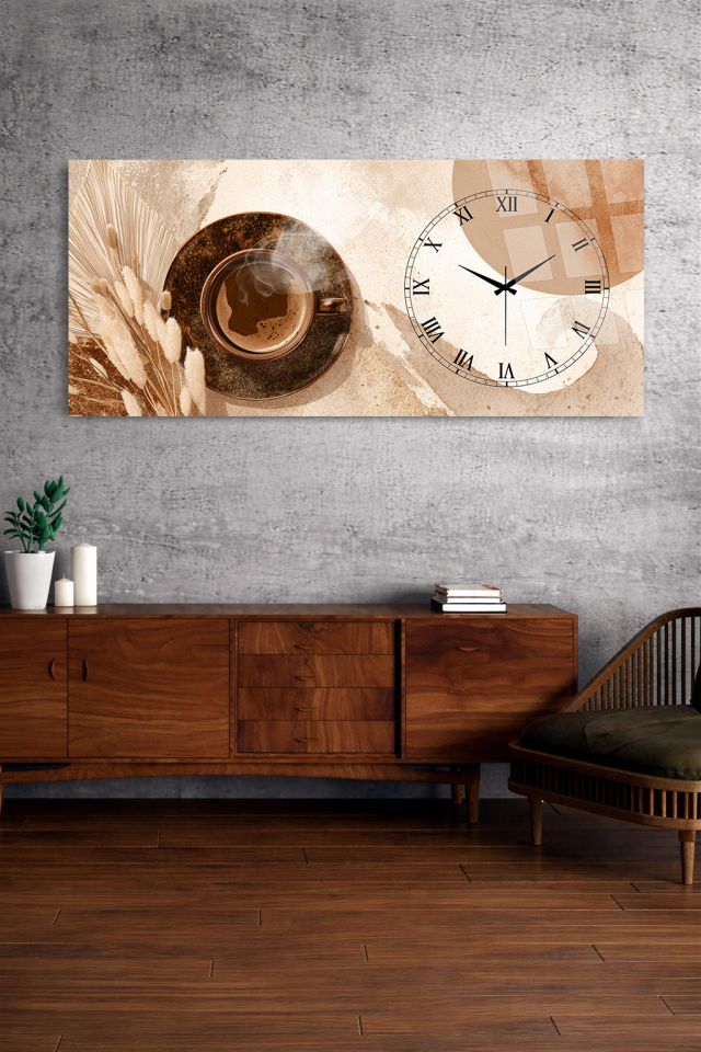 KIRILMAZ CAM DUVAR SAATİ , HEM TABLO HEM SAAT KAHVE TEMALI TASARIM EV OFİS HEDİYESİ