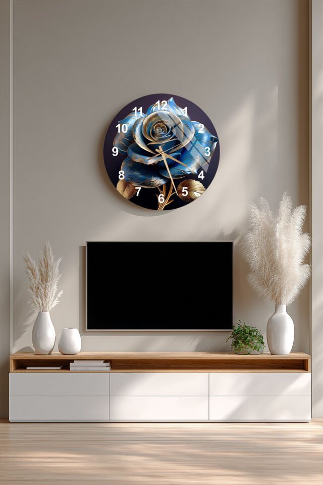 KIRILMAZ CAM DUVAR SAATİ, HEM TABLO HEM SAAT LACİVERT ALTIN GÜL DESENİ LÜKS TASARIM EV OFİS HEDİYESİ