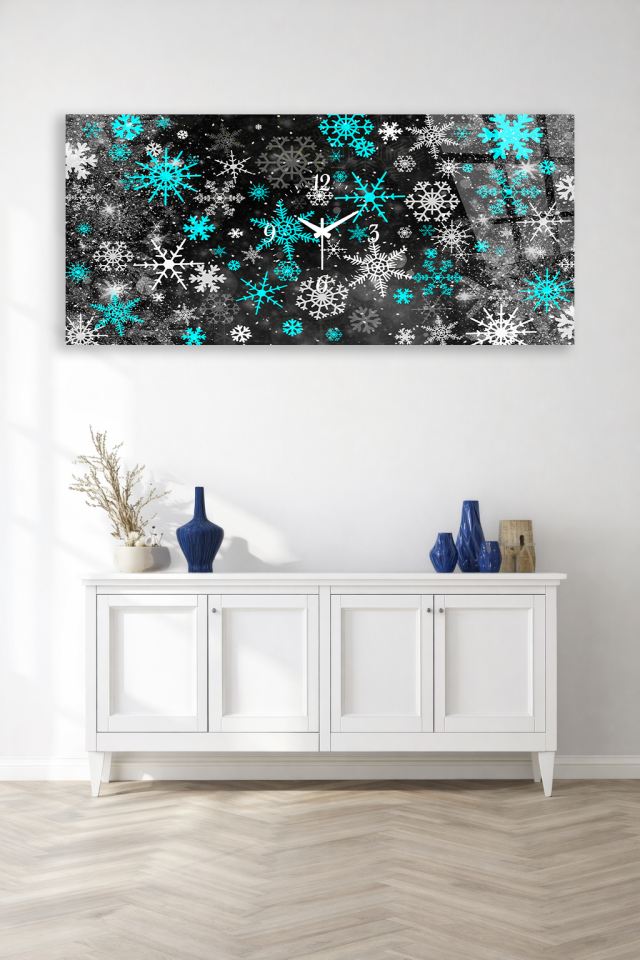 KIRILMAZ CAM DUVAR SAATİ , HEM TABLO HEM SAAT KAR TANESİ KIŞ TASARIM EV OFİS HEDİYESİ