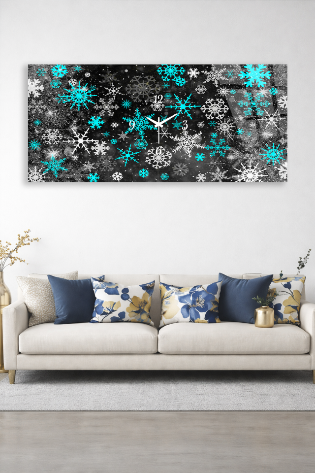 KIRILMAZ CAM DUVAR SAATİ , HEM TABLO HEM SAAT KAR TANESİ KIŞ TASARIM EV OFİS HEDİYESİ