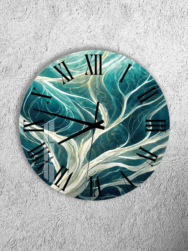 KIRILMAZ CAM DUVAR SAATİ, HEM TABLO HEM SAAT TURKUAZ DALGA MERMER DESEN TASARIM EV OFİS HEDİYESİ