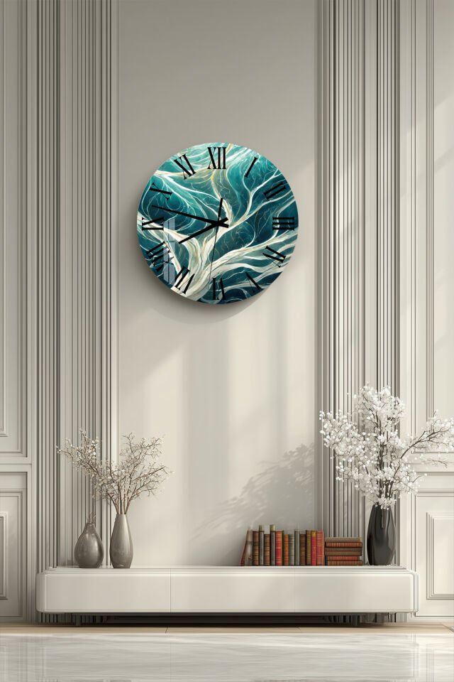KIRILMAZ CAM DUVAR SAATİ, HEM TABLO HEM SAAT TURKUAZ DALGA MERMER DESEN TASARIM EV OFİS HEDİYESİ