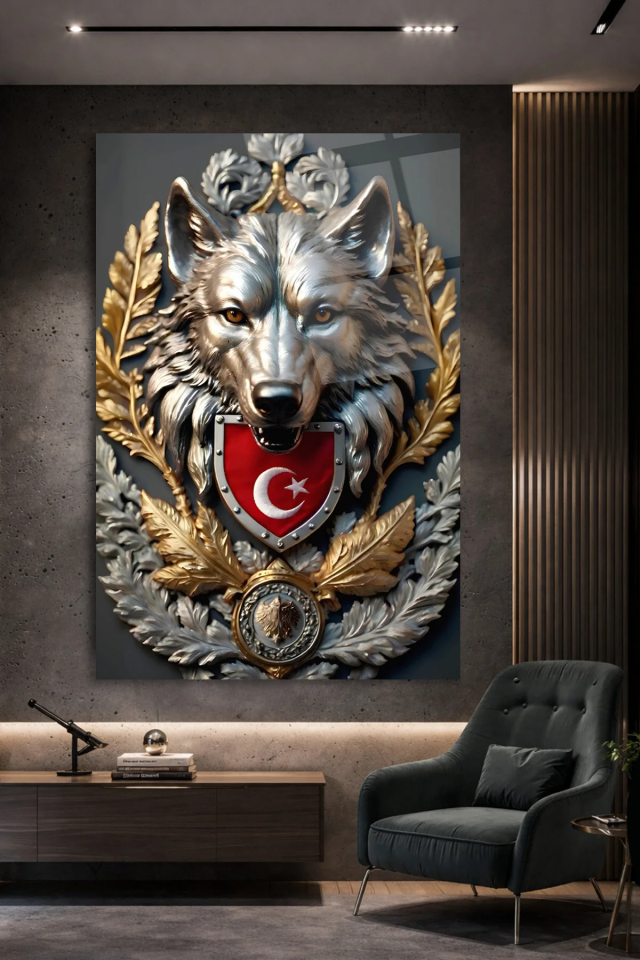 KIRILMAZ CAM TABLO , MODERN DUVAR DEKORASYONU BOZKURT TÜRK BAYRAĞI ARMASI EV OFİS HEDİYESİ
