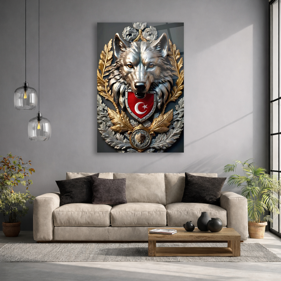 KIRILMAZ CAM TABLO , MODERN DUVAR DEKORASYONU BOZKURT TÜRK BAYRAĞI ARMASI EV OFİS HEDİYESİ