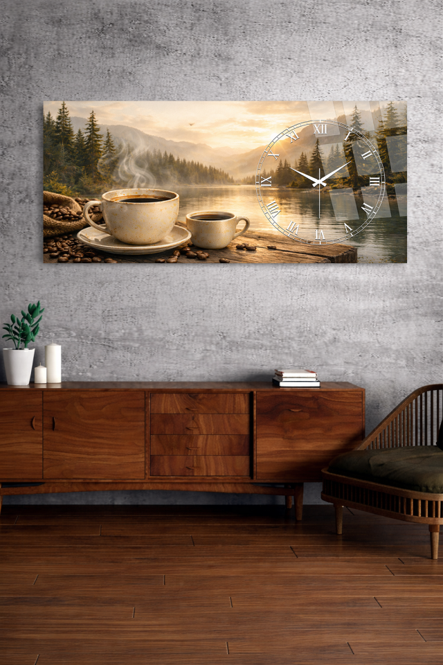 KIRILMAZ CAM DUVAR SAATİ , HEM TABLO HEM SAAT DOĞA VE KAHVE MANZARALI TASARIM EV OFİS HEDİYESİ