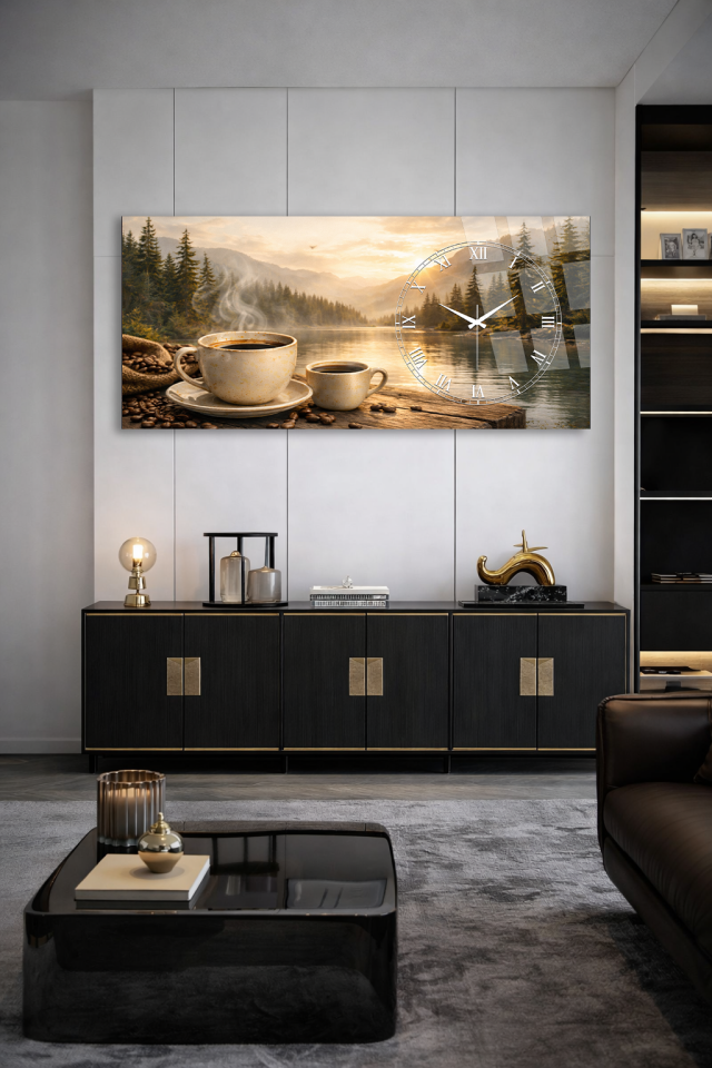 KIRILMAZ CAM DUVAR SAATİ , HEM TABLO HEM SAAT DOĞA VE KAHVE MANZARALI TASARIM EV OFİS HEDİYESİ