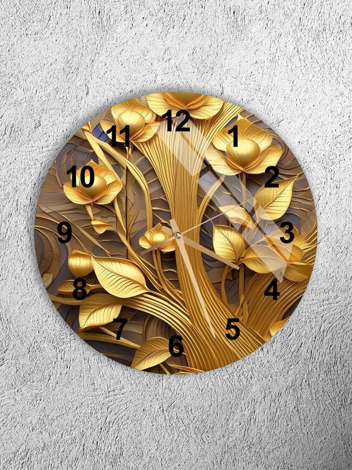 KIRILMAZ CAM DUVAR SAATİ, HEM TABLO HEM SAAT ALTIN ÇİÇEKLİ SANATSAL TASARIM EV OFİS HEDİYESİ