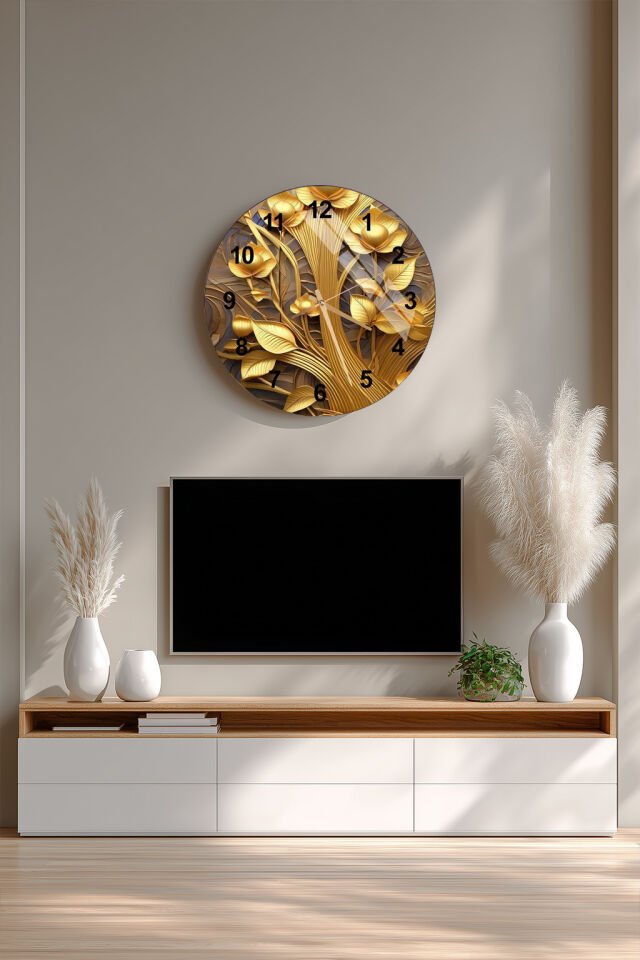 KIRILMAZ CAM DUVAR SAATİ, HEM TABLO HEM SAAT ALTIN ÇİÇEKLİ SANATSAL TASARIM EV OFİS HEDİYESİ