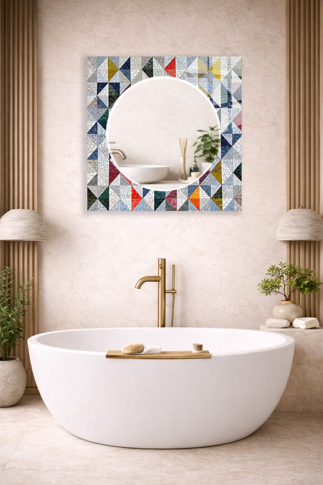 HEM TABLO HEM AYNA MODERN MOZAIK TASARIMLI CAM DUVAR AYNASI EV DEKORU