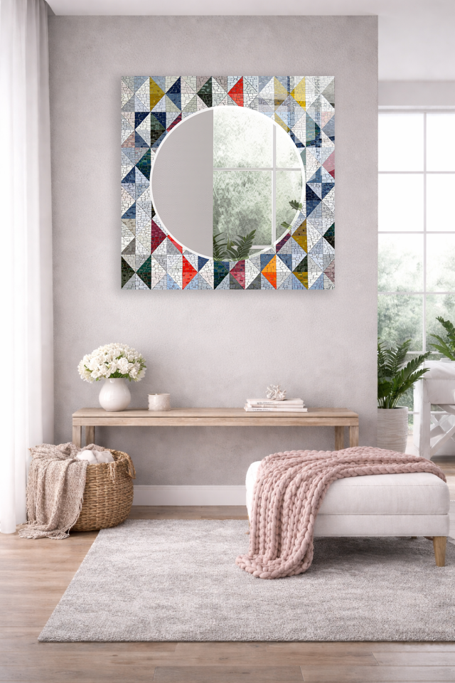 HEM TABLO HEM AYNA MODERN MOZAIK TASARIMLI CAM DUVAR AYNASI EV DEKORU