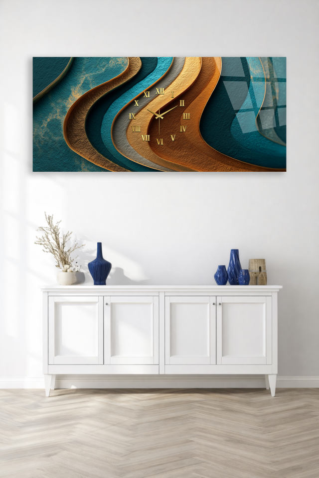 KIRILMAZ CAM DUVAR SAATİ , HEM TABLO HEM SAAT TEAL GOLD SOYUT DALGA EV OFİS HEDİYESİ