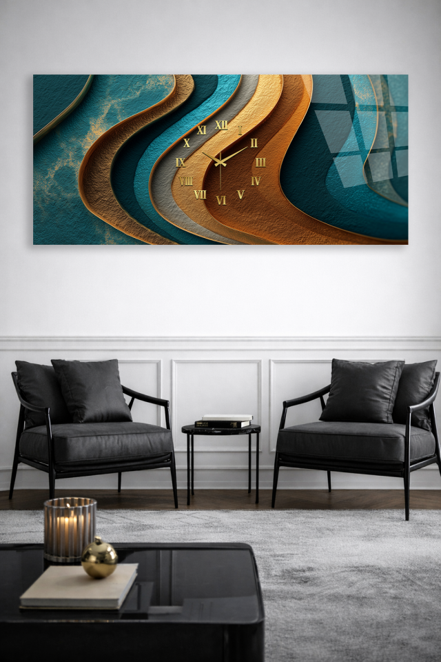 KIRILMAZ CAM DUVAR SAATİ , HEM TABLO HEM SAAT TEAL GOLD SOYUT DALGA EV OFİS HEDİYESİ