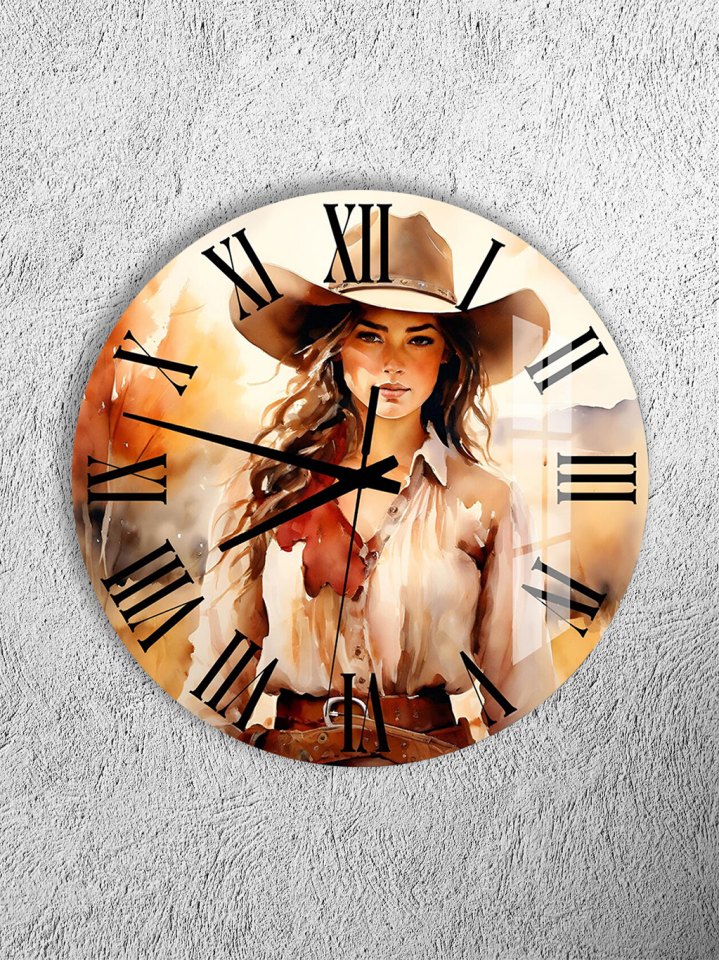 KIRILMAZ CAM DUVAR SAATİ, HEM TABLO HEM SAAT KOVBOY KADIN PORTRE SANATSAL TASARIM EV OFİS HEDİYESİ