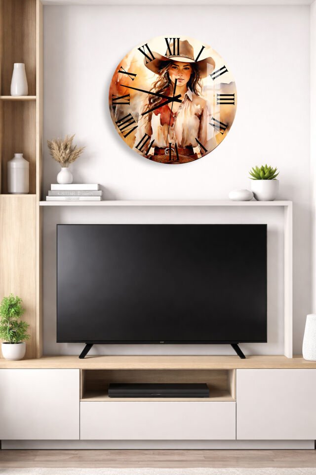 KIRILMAZ CAM DUVAR SAATİ, HEM TABLO HEM SAAT KOVBOY KADIN PORTRE SANATSAL TASARIM EV OFİS HEDİYESİ