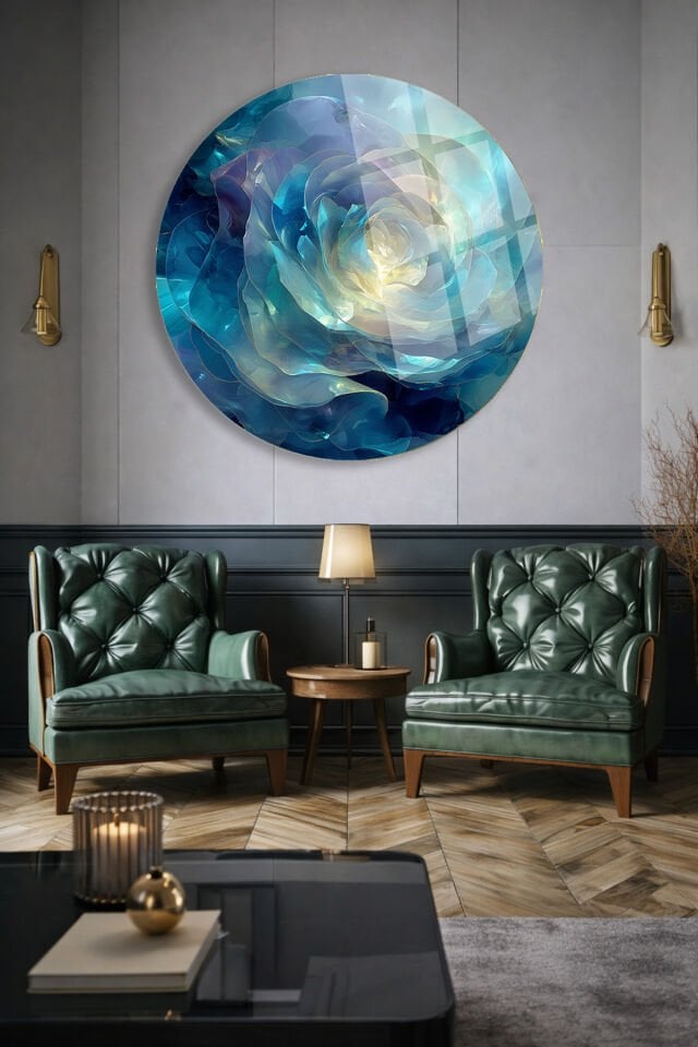 SOYUT MAVİ GÜL DESENLİ KIRILMAZ CAM TABLO SANATSAL DUVAR DEKORU ULTRA CANLI RENKLER Turkuaz