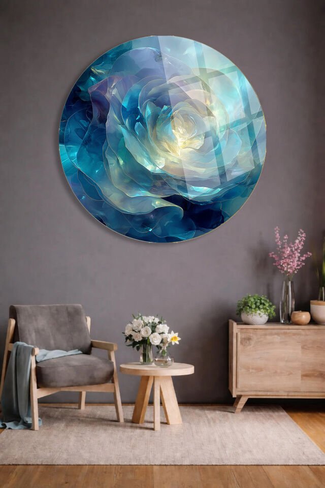 SOYUT MAVİ GÜL DESENLİ KIRILMAZ CAM TABLO SANATSAL DUVAR DEKORU ULTRA CANLI RENKLER Turkuaz