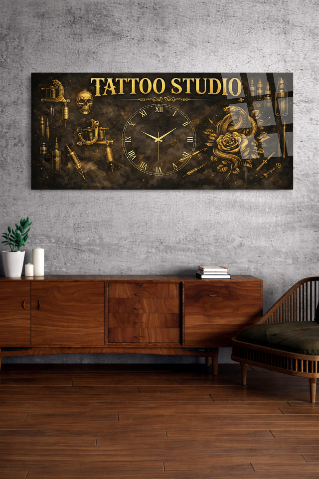 KIRILMAZ CAM DUVAR SAATİ , HEM TABLO HEM SAAT TATTOO STUDIO ALTIN SİYAH TASARIM EV OFİS HEDİYESİ