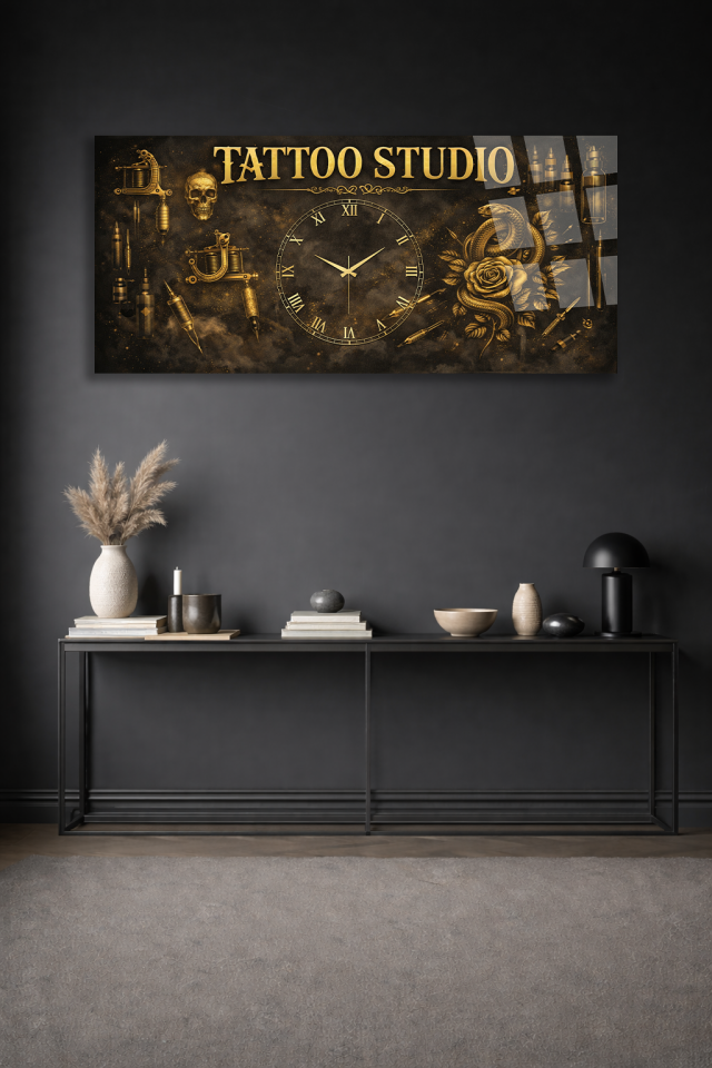 KIRILMAZ CAM DUVAR SAATİ , HEM TABLO HEM SAAT TATTOO STUDIO ALTIN SİYAH TASARIM EV OFİS HEDİYESİ