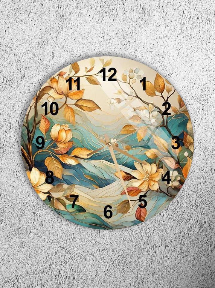KIRILMAZ CAM DUVAR SAATİ, HEM TABLO HEM SAAT ÇİÇEKLİ DALGA DESEN DOĞA TEMALI SANATSAL EV OFİS HEDİYESİ