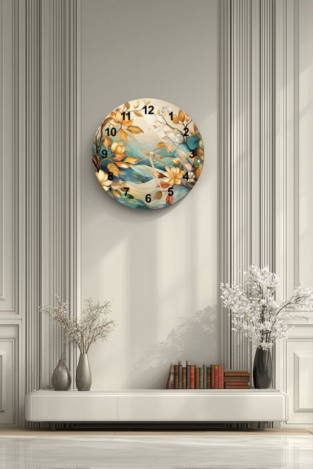 KIRILMAZ CAM DUVAR SAATİ, HEM TABLO HEM SAAT ÇİÇEKLİ DALGA DESEN DOĞA TEMALI SANATSAL EV OFİS HEDİYESİ