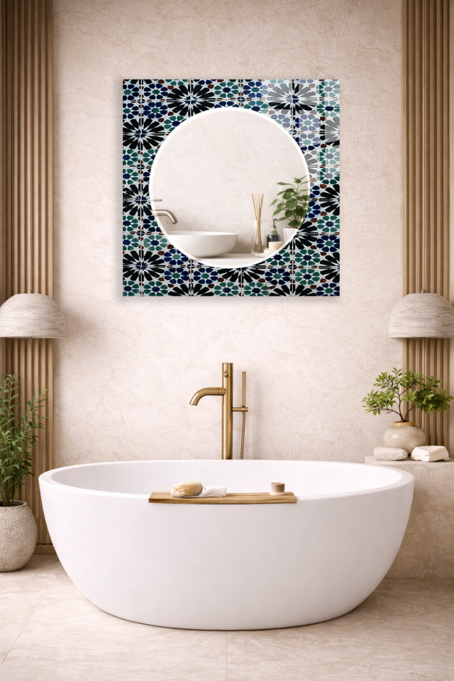 HEM TABLO HEM AYNA GEOMETRİK RENKLİ DESENLİ CAM DUVAR AYNASI EV DEKORU