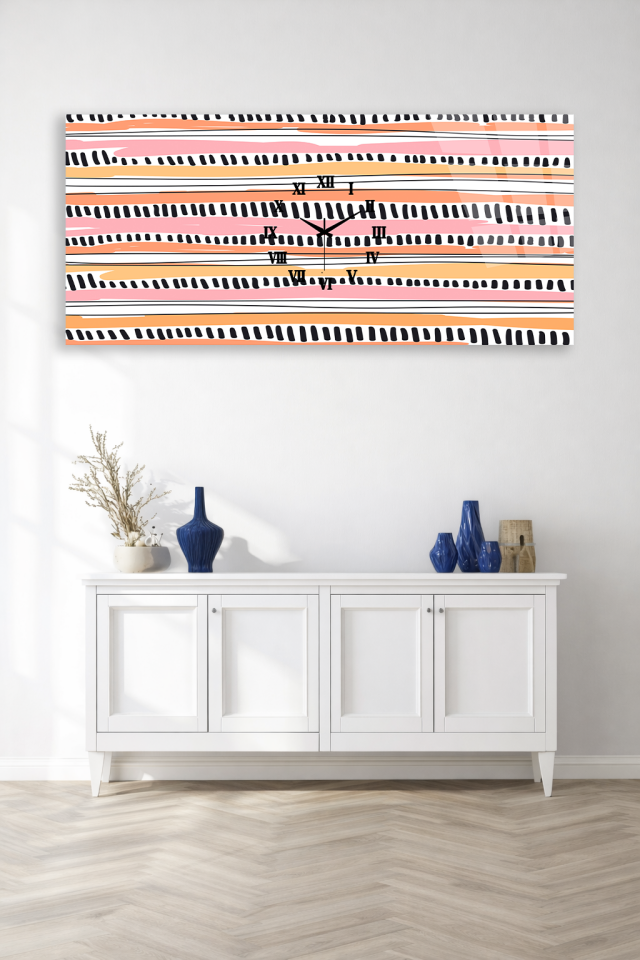 KIRILMAZ CAM DUVAR SAATİ , HEM TABLO HEM SAAT SOYUT ÇİZGİLİ MODERN TASARIM EV OFİS HEDİYESİ