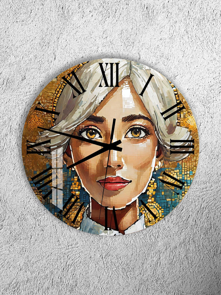 KIRILMAZ CAM DUVAR SAATİ, HEM TABLO HEM SAAT MOZAIK KADIN PORTRE SANAT TASARIM EV OFİS HEDİYESİ