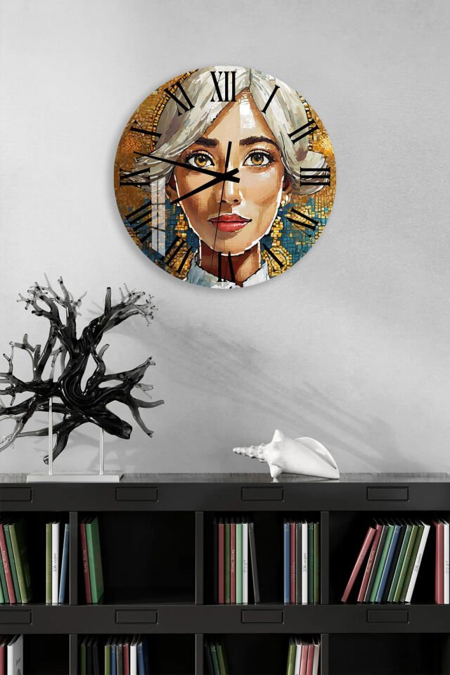 KIRILMAZ CAM DUVAR SAATİ, HEM TABLO HEM SAAT MOZAIK KADIN PORTRE SANAT TASARIM EV OFİS HEDİYESİ