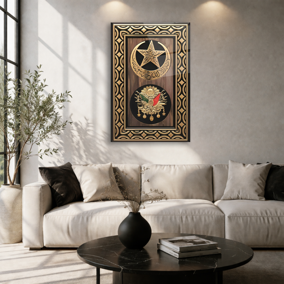KIRILMAZ CAM TABLO , MODERN DUVAR DEKORASYONU OSMANLI TUĞRA ARMASI KLASİK TASARIM EV OFİS HEDİYESİ
