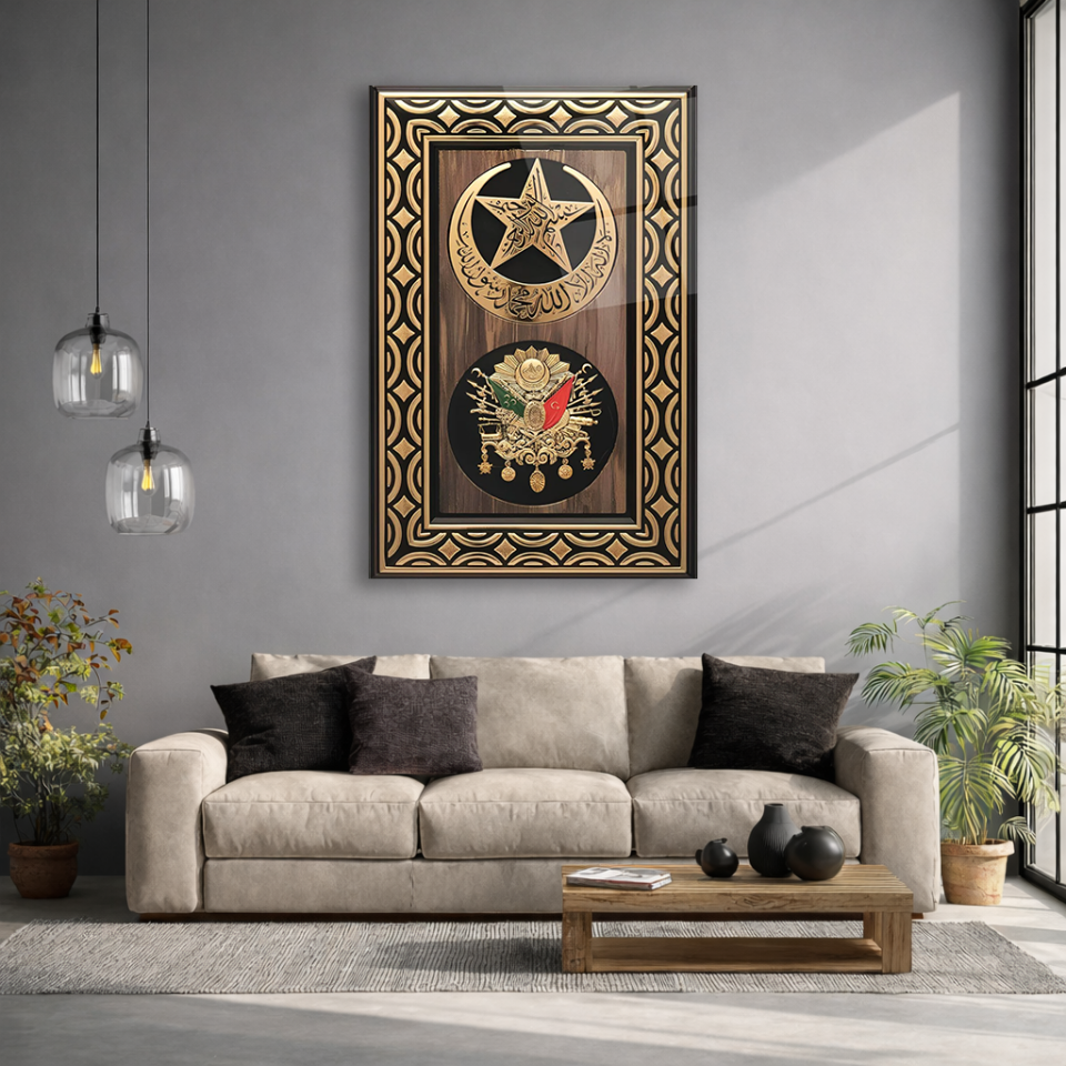 KIRILMAZ CAM TABLO , MODERN DUVAR DEKORASYONU OSMANLI TUĞRA ARMASI KLASİK TASARIM EV OFİS HEDİYESİ