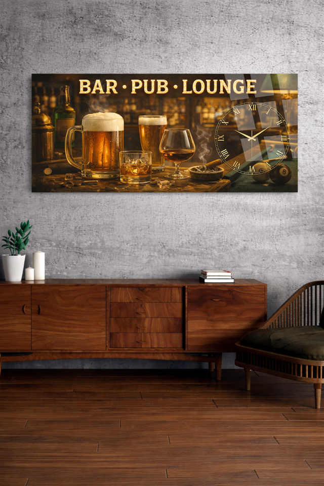 KIRILMAZ CAM DUVAR SAATİ , HEM TABLO HEM SAAT BAR PUB LOUNGE VİSKİ VE BİRA TASARIM EV OFİS HEDİYESİ