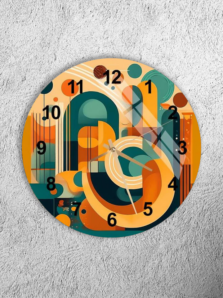 KIRILMAZ CAM DUVAR SAATİ, HEM TABLO HEM SAAT SOYUT GEOMETRİK RETRO RENKLER MODERN EV OFİS HEDİYESİ