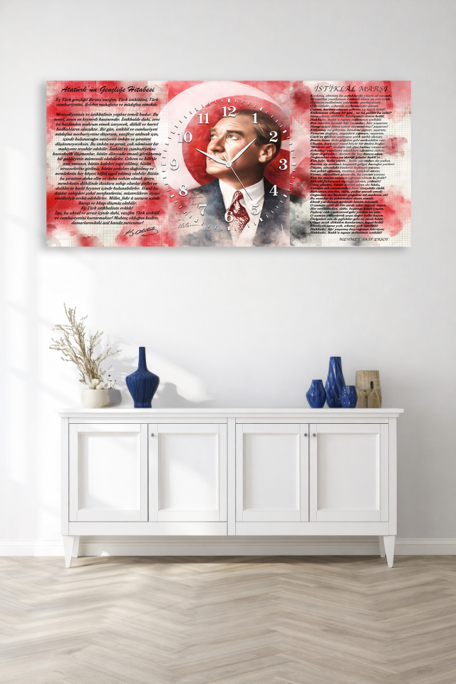 KIRILMAZ CAM DUVAR SAATİ , HEM TABLO HEM SAAT ATATÜRK PORTRE KLASİK SANAT EV OFİS HEDİYESİ