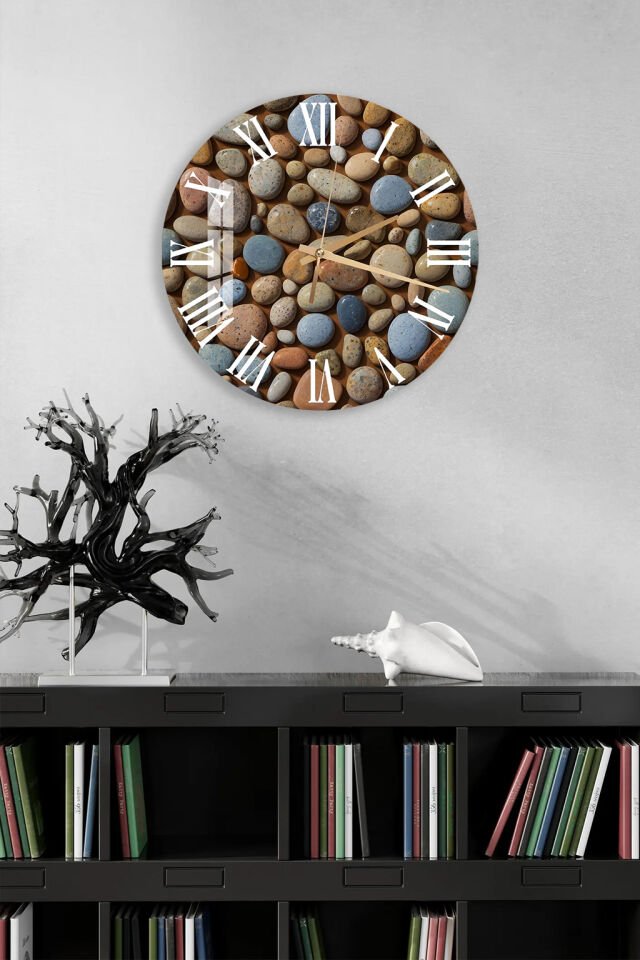 KIRILMAZ CAM DUVAR SAATİ, HEM TABLO HEM SAAT DOĞAL TAŞ ÇAKIL ZEN TASARIM EV OFİS HEDİYESİ