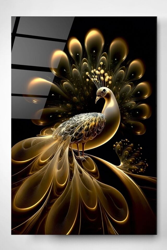 Gold Tavus Kuşu Cam Tablo, Dekoratif Cam Tablo