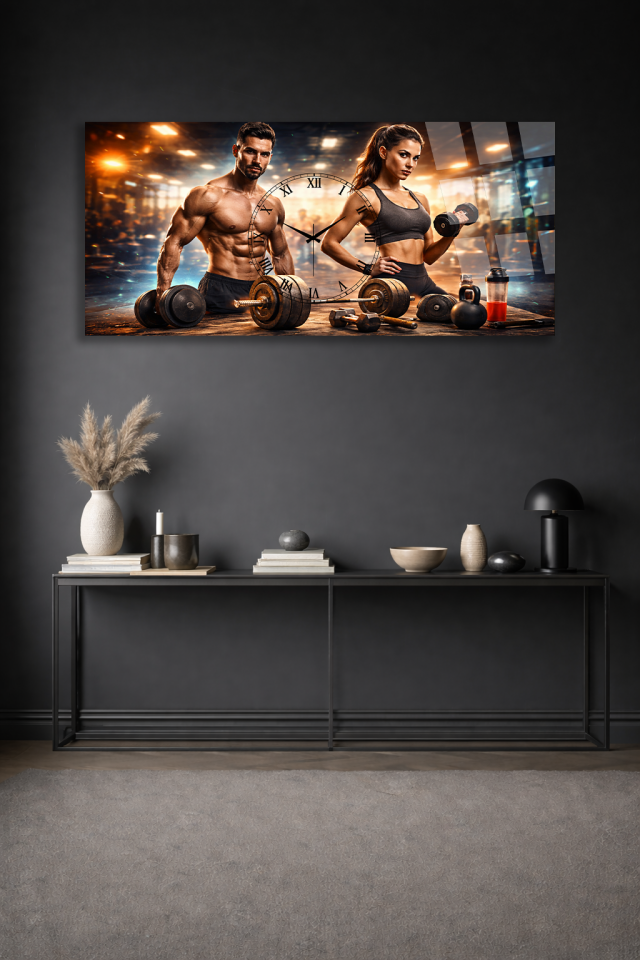 KIRILMAZ CAM DUVAR SAATİ , HEM TABLO HEM SAAT FITNESS SPOR SALONU GÜÇ TASARIMI EV OFİS HEDİYESİ