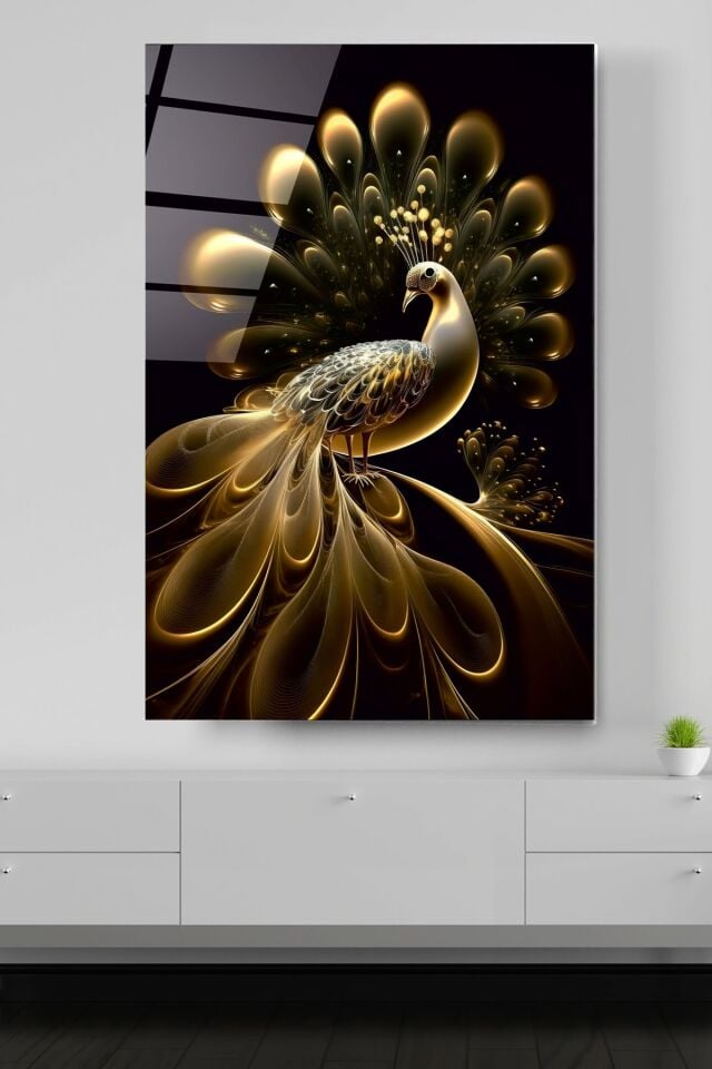 Gold Tavus Kuşu Cam Tablo, Dekoratif Cam Tablo