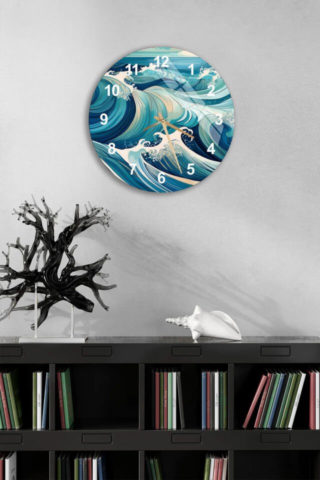 KIRILMAZ CAM DUVAR SAATİ, HEM TABLO HEM SAAT OKYANUS DALGASI MANZARA DENİZ TEMALI EV OFİS HEDİYESİ