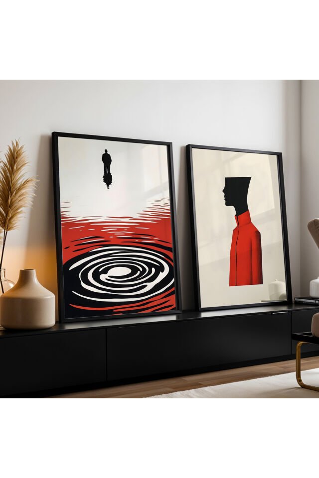 SİYAH - Abstract Psikolojik Sanat İkili Doğal Ahşap Çerçeveli Duvar Tablo Seti