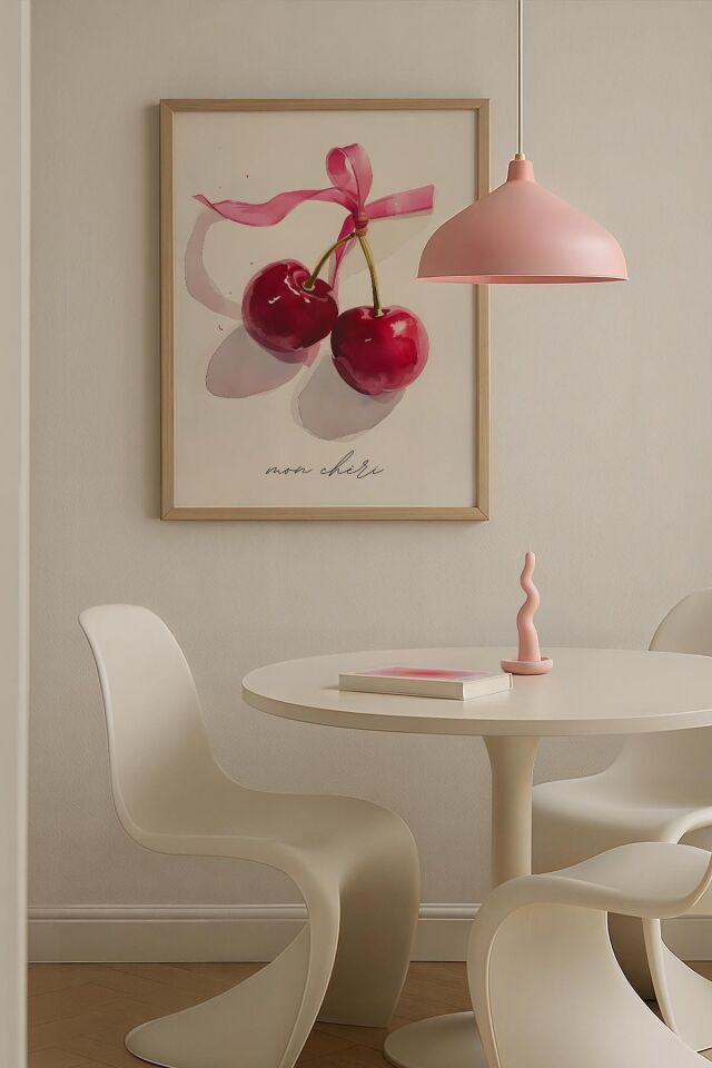 DOĞAL AHŞAP - Kiraz Çift Kalpli Trendy Maksimalist Sanatı Ahşap Çerçeveli Duvar Tablosu