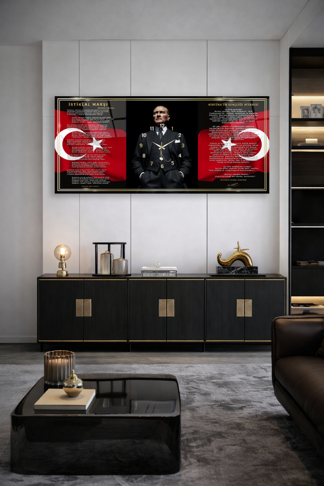 KIRILMAZ CAM DUVAR SAATİ , HEM TABLO HEM SAAT ATATÜRK İSTİKLAL MARŞI TEMALI EV OFİS HEDİYES