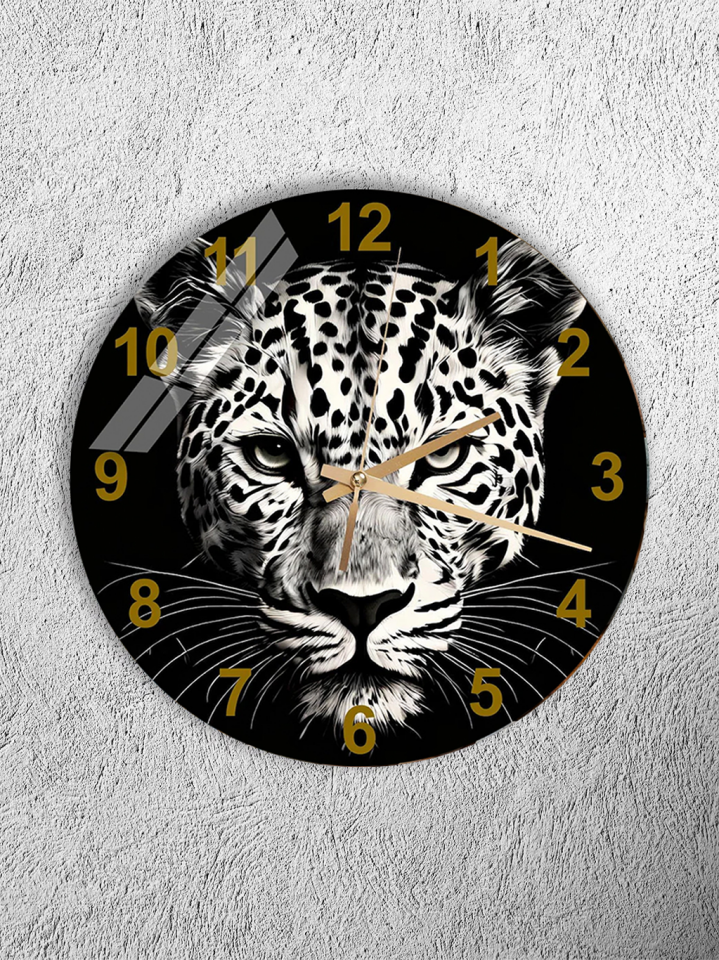 KIRILMAZ CAM DUVAR SAATİ, HEM TABLO HEM SAAT LEOPAR VAHŞİ YAŞAM LÜKS TASARIM EV OFİS HEDİYESİ
