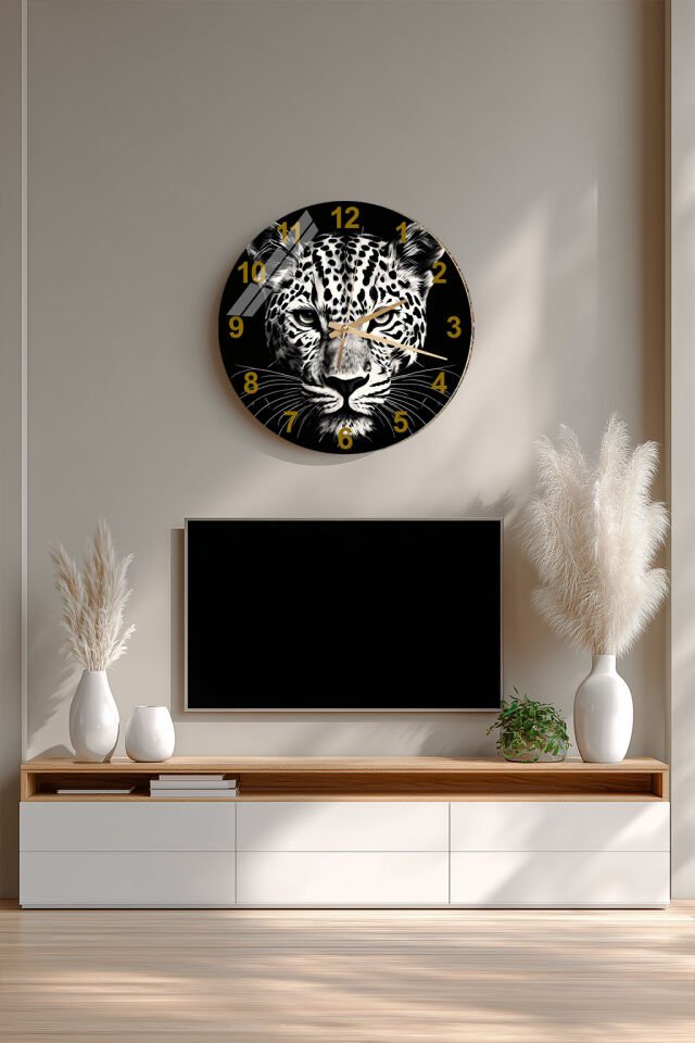 KIRILMAZ CAM DUVAR SAATİ, HEM TABLO HEM SAAT LEOPAR VAHŞİ YAŞAM LÜKS TASARIM EV OFİS HEDİYESİ
