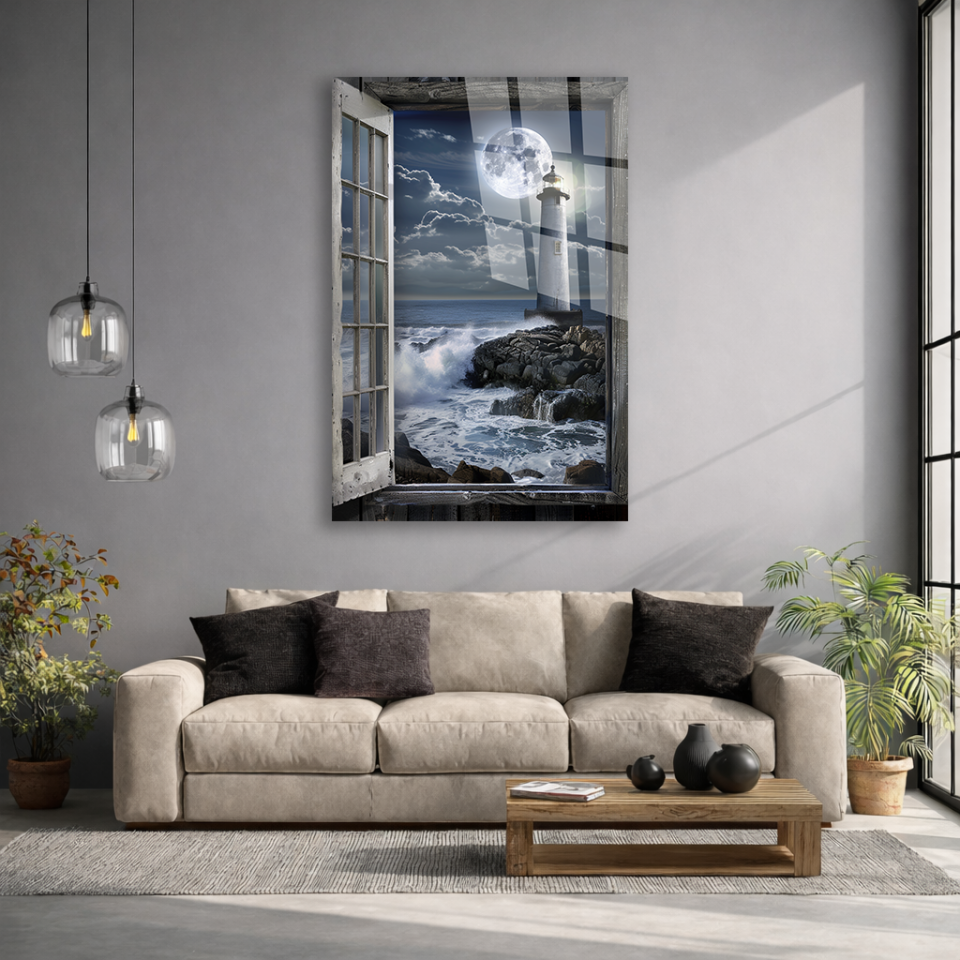 KIRILMAZ CAM TABLO , MODERN DUVAR DEKORASYONU DENİZ FENERİ AY MANZARA EV OFİS HEDİYESİ