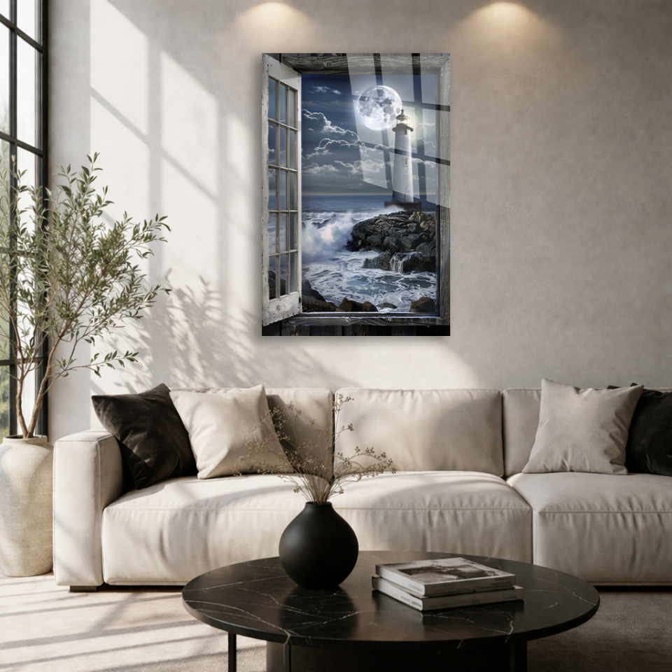KIRILMAZ CAM TABLO , MODERN DUVAR DEKORASYONU DENİZ FENERİ AY MANZARA EV OFİS HEDİYESİ